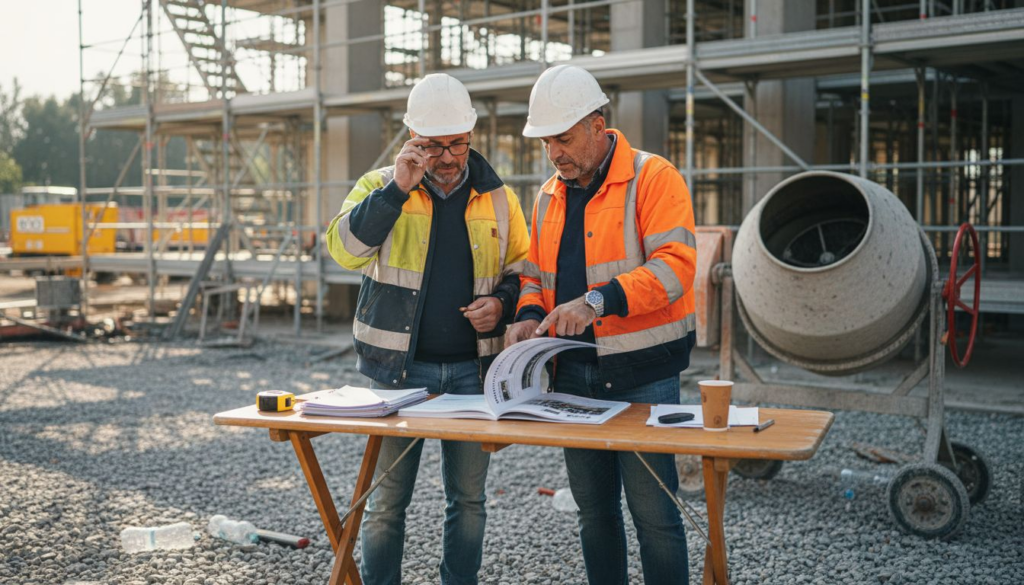 I responsabili di cantiere stanno esaminando i contratti delle attrezzature direttamente all’aperto.