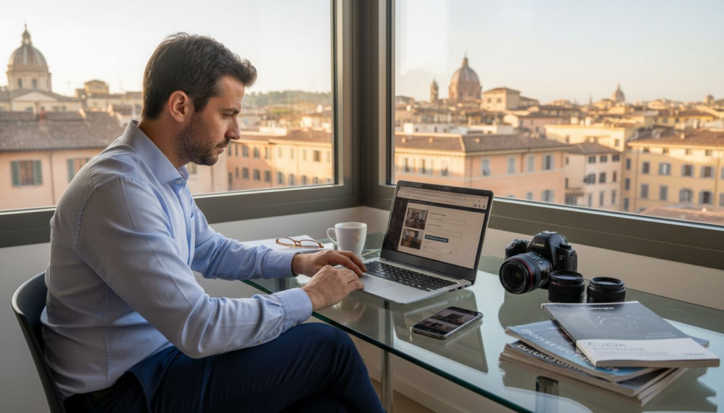Uomo seduto alla scrivania mentre pubblica un annuncio di affitto online