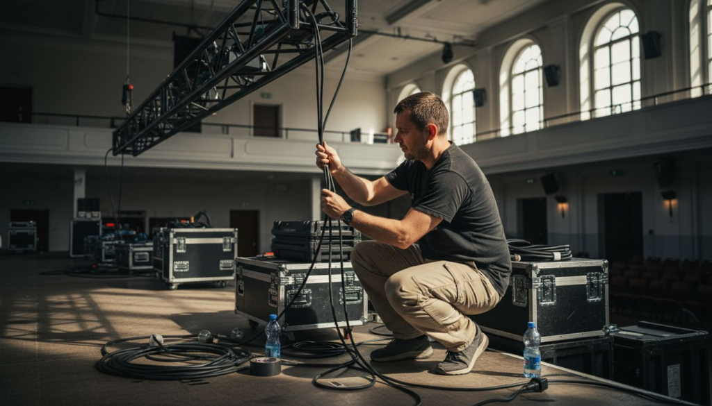 Tecnico all’opera nell’allestimento delle attrezzature per un evento.