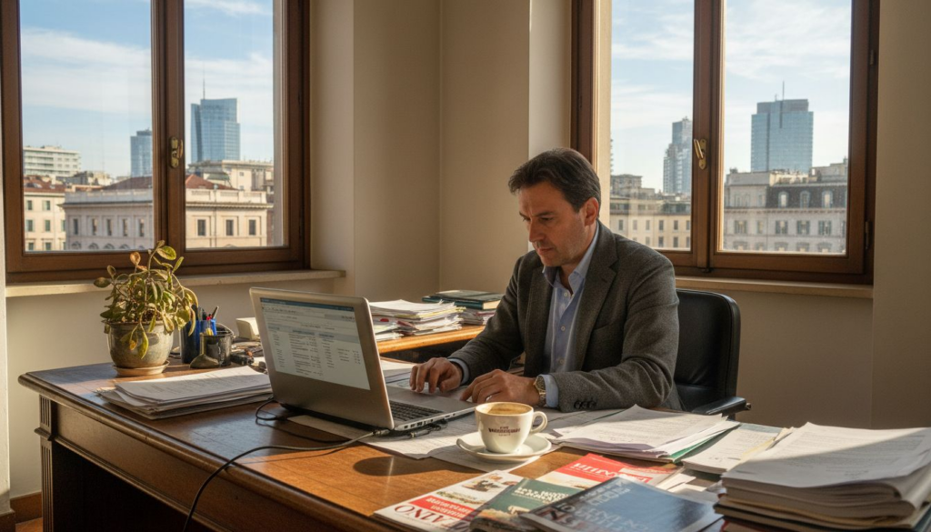 Il responsabile dell’agenzia di noleggio sta verificando la documentazione in ufficio.