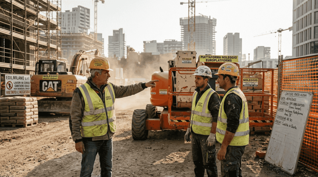 Squadra al lavoro in cantiere con macchinari a noleggio