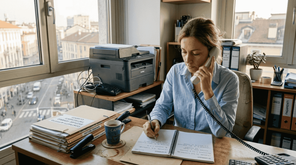 Un addetto al servizio clienti accoglie i clienti presso il banco di un ufficio noleggio.