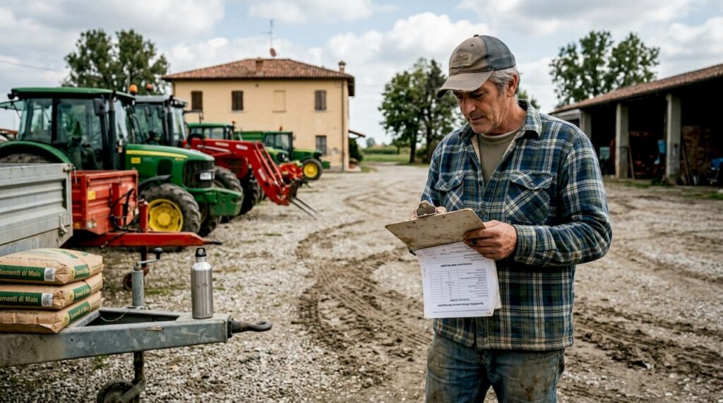 Un agricoltore sta controllando attentamente i macchinari agricoli presi a noleggio, valutandone le condizioni e l’efficienza direttamente in campo.