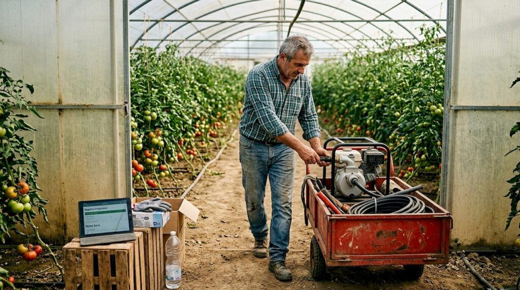Un agricoltore sta verificando lo stato delle attrezzature prese a noleggio all’interno della serra.
