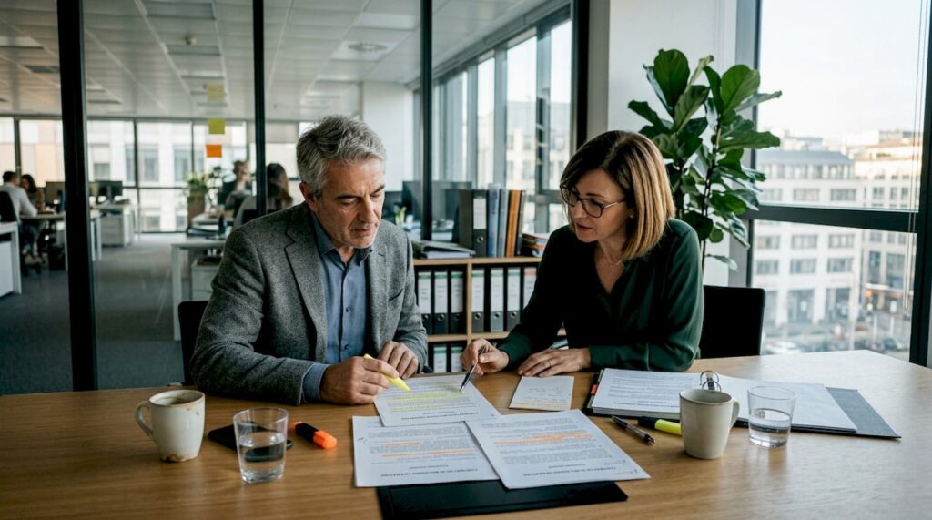 Alcuni manager stanno esaminando il contratto di noleggio insieme, seduti in ufficio.