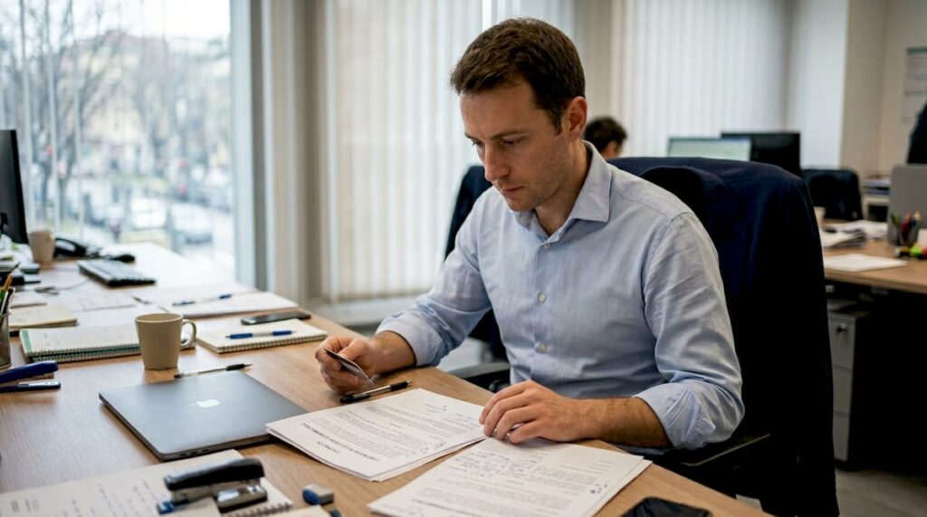 Il responsabile dell’ufficio sta esaminando il contratto di locazione seduto alla sua scrivania.