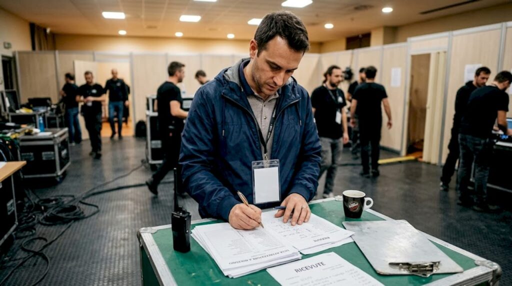 Il responsabile dell’evento controlla i contratti di noleggio dietro le quinte.