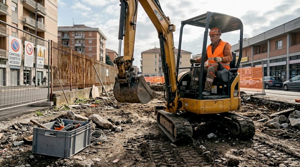 Un operaio al lavoro manovra un mini escavatore all'interno di un cantiere in città.