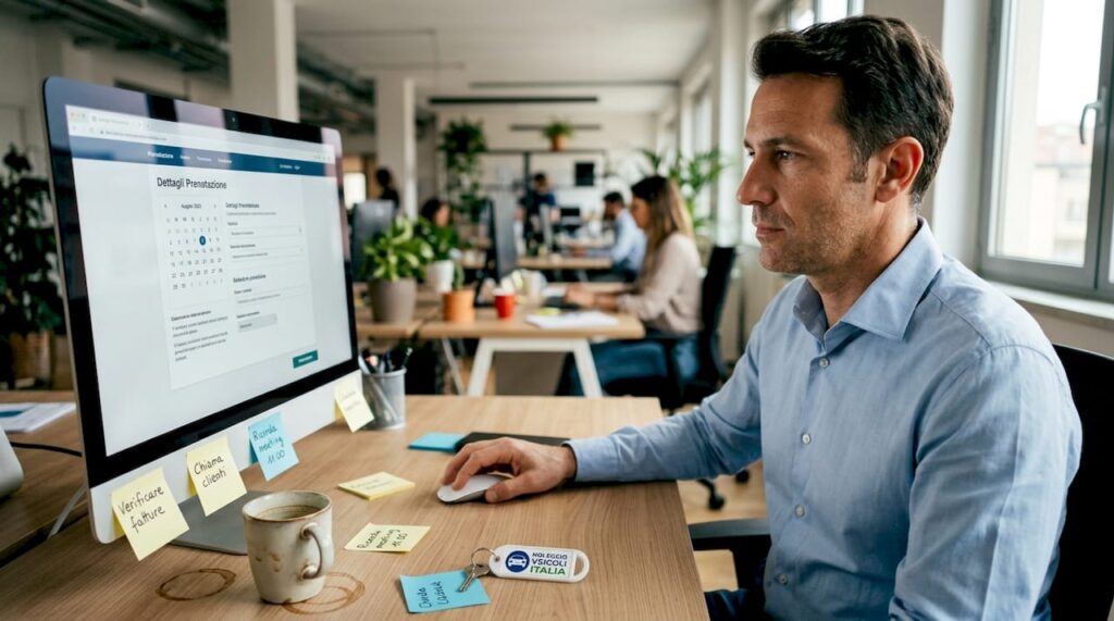 Un uomo gestisce in modo automatico la prenotazione della sua postazione in ufficio.