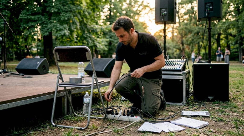 Un tecnico del suono si occupa dell’allestimento audio per una sala dedicata a un evento aziendale.
