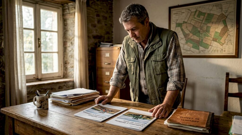 Un consulente che analizza i cataloghi delle attrezzature agricole