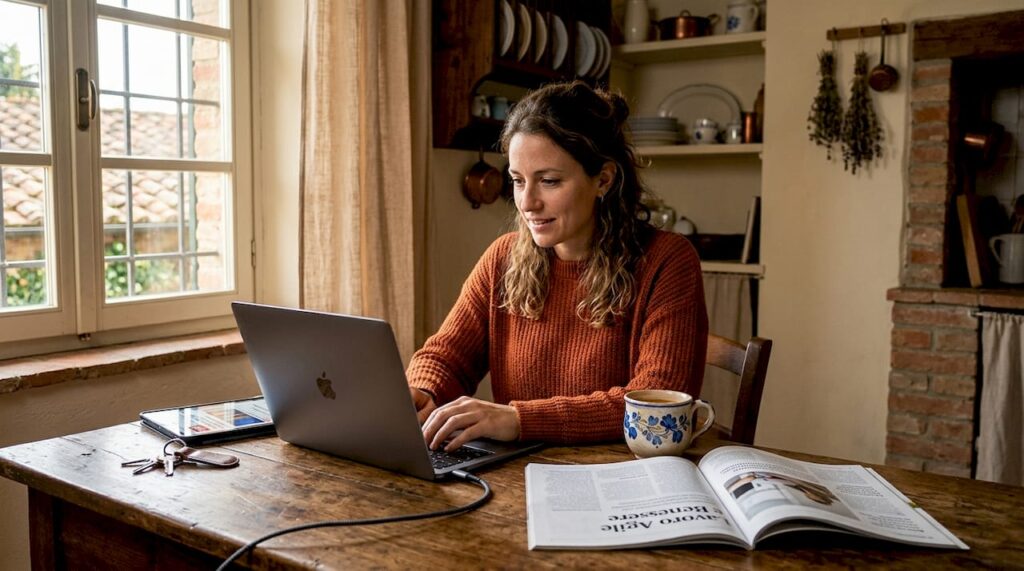 Una donna lavora al computer nella sua cucina luminosa