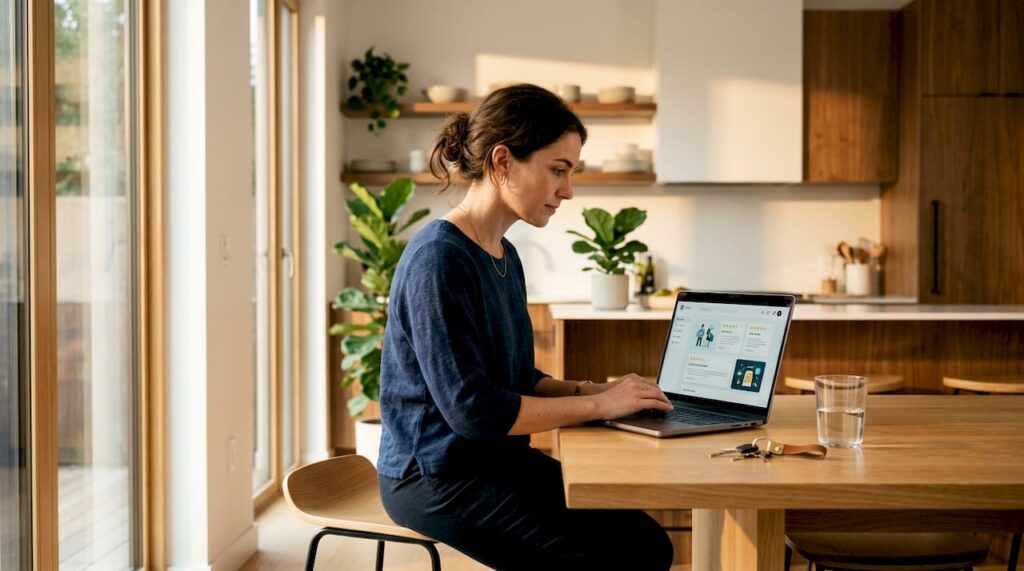 Una donna cerca opinioni online sul noleggio utilizzando il suo portatile.