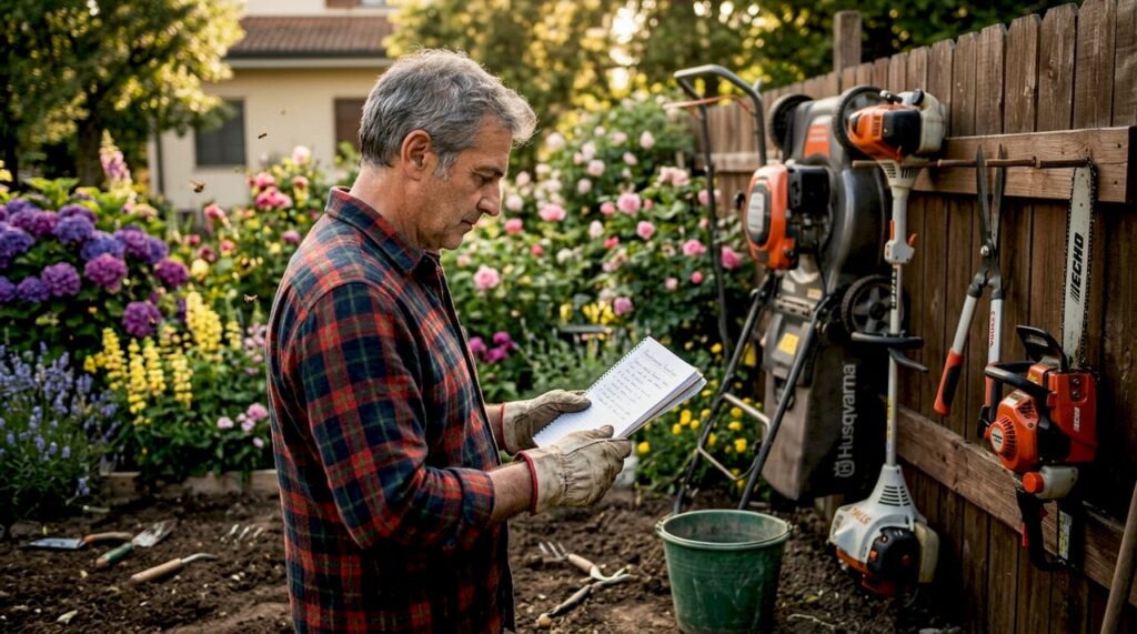 Un giardiniere prova e valuta diversi attrezzi a noleggio direttamente nel suo giardino.