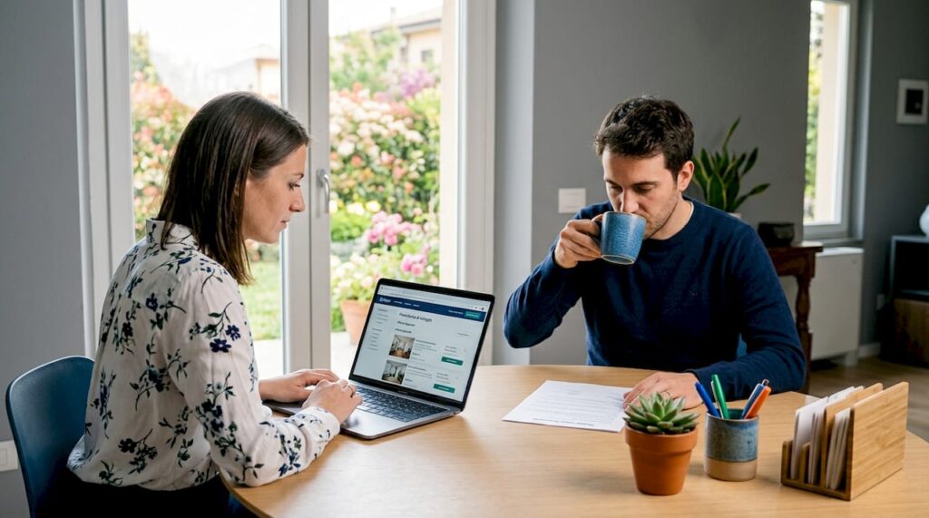 Due persone sedute al tavolo di casa stanno navigando insieme su una piattaforma di affitti online.
