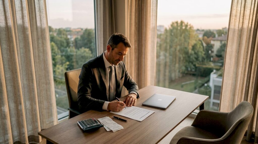 Un uomo sta firmando un contratto di noleggio presso un ufficio.