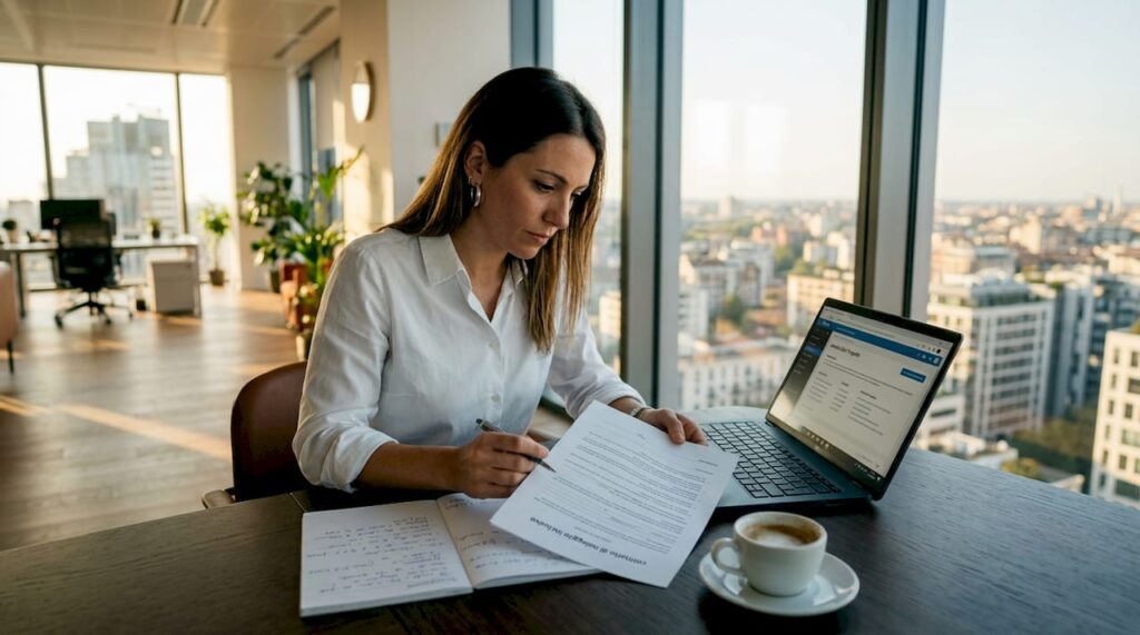 Imprenditrice che esamina un contratto di locazione nel suo ufficio