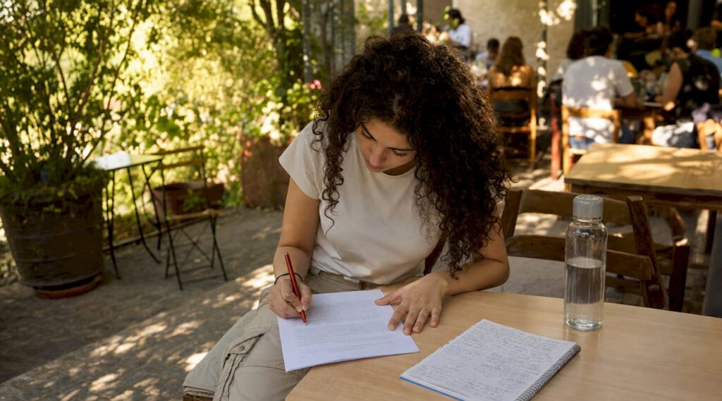 Una donna seduta al tavolo della cucina sta sfogliando con attenzione il contratto d’affitto.