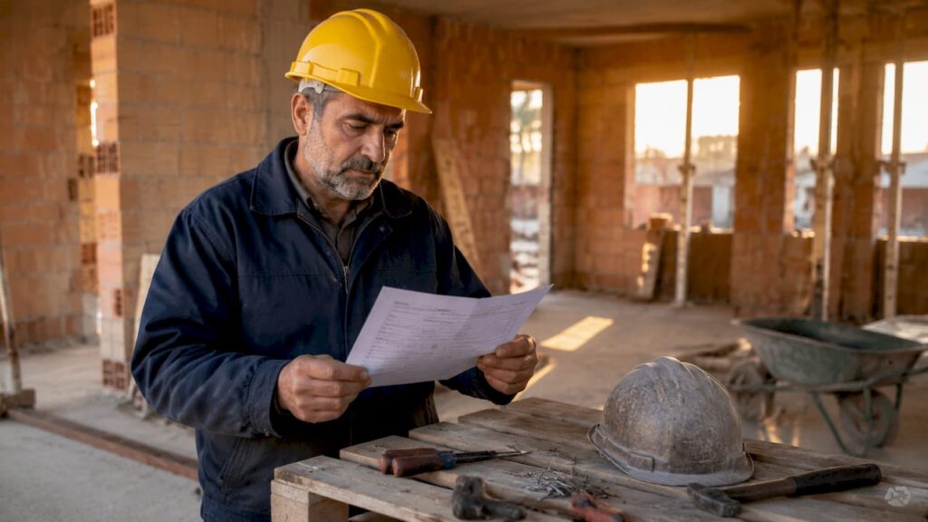 Operatore edile sul cantiere mentre verifica la checklist delle attività