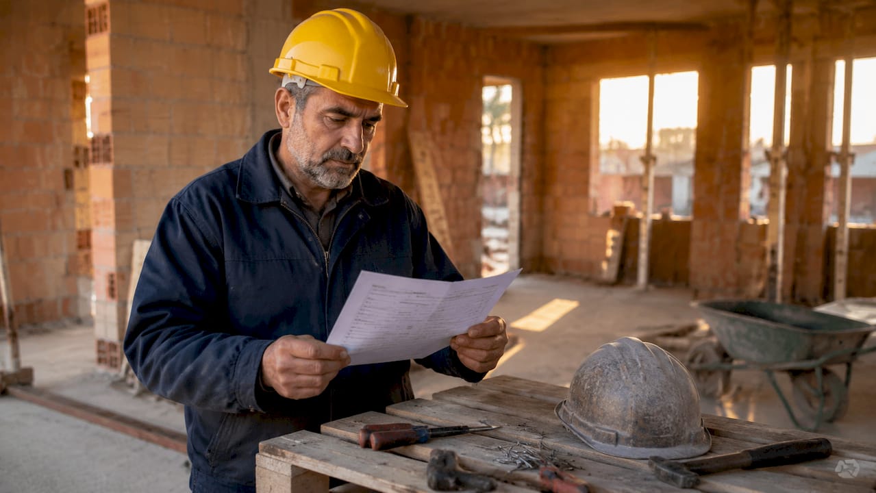 Operatore edile sul cantiere mentre verifica la checklist delle attività