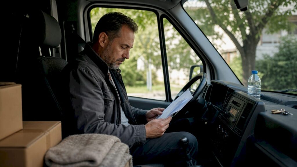 Un uomo seduto al volante del furgone dei traslochi, pronto a mettersi in viaggio.