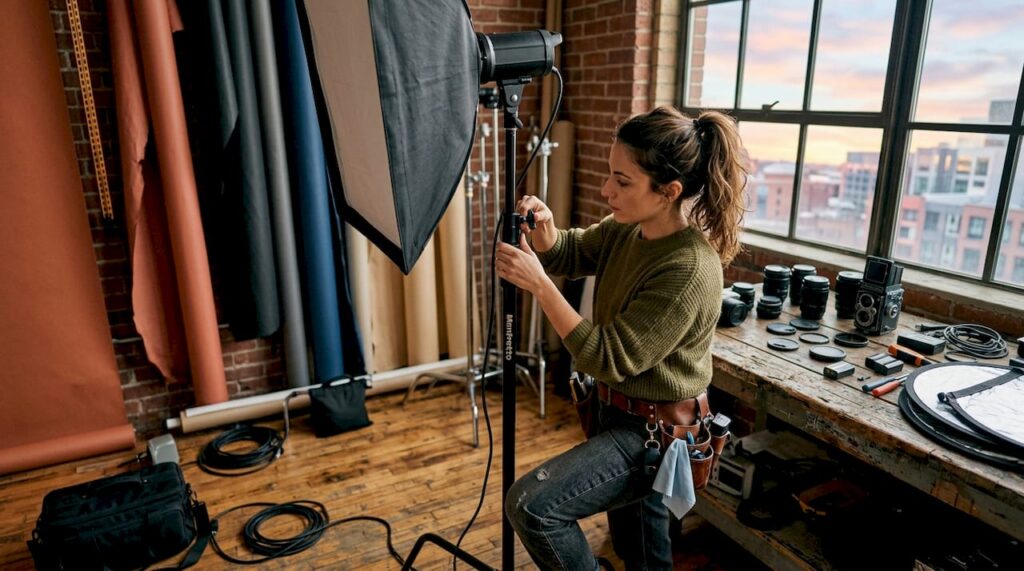 Una fotografa allestisce uno studio fotografico da affittare