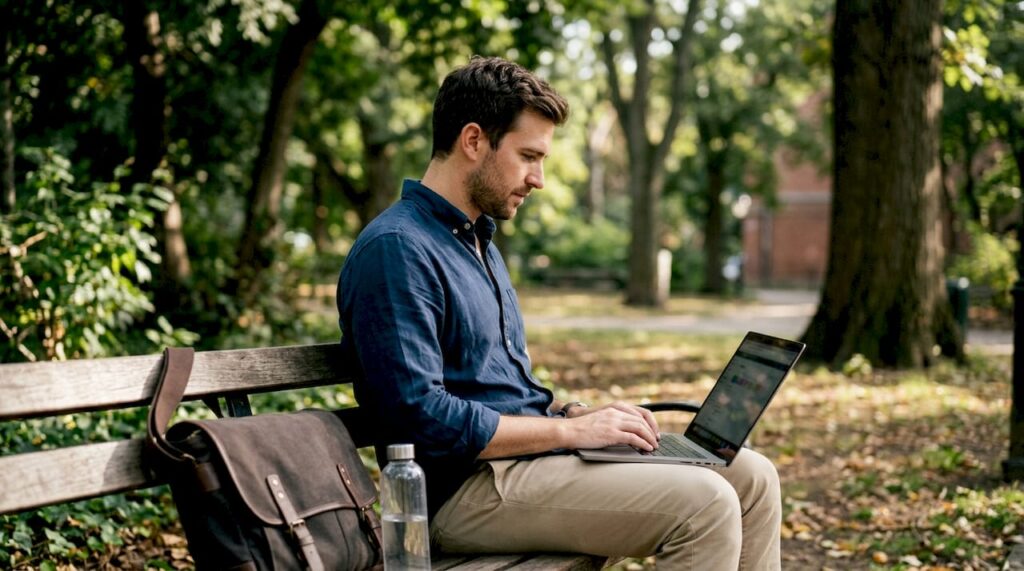 Specialista di marketing che gestisce contatti per affitti direttamente dal proprio laptop