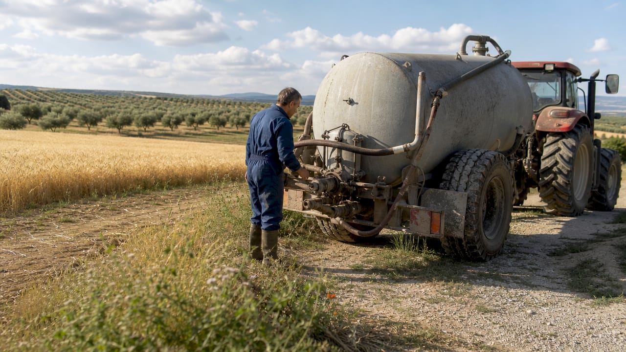 Un agricoltore verifica il corretto funzionamento dello spandiliquame mentre lavora nel campo.
