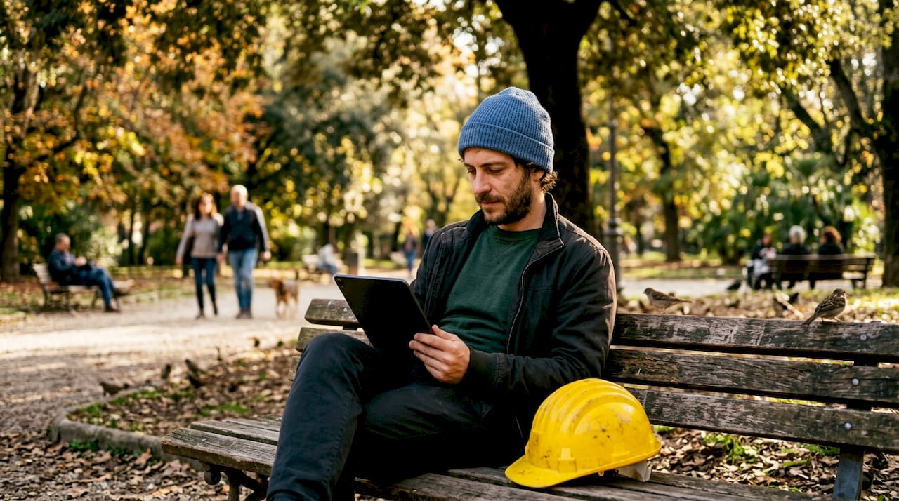 Un operatore sta consultando un tablet accanto a un mezzo sul cantiere.