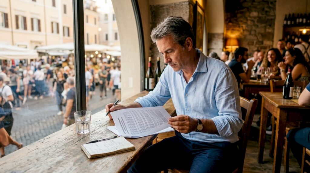 Imprenditore alle prese con la firma di un contratto di noleggio operativo