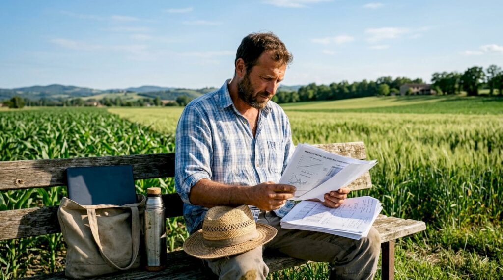 Un agricoltore alle prese con la valutazione dei costi e delle offerte per il noleggio di attrezzature agricole, esaminando attentamente i documenti per scegliere la soluzione più conveniente.