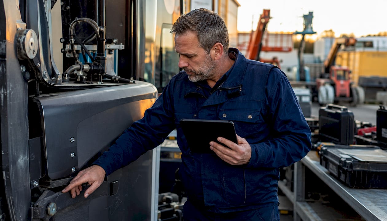 Tecnico specializzato che verifica e prepara le attrezzature industriali per il noleggio