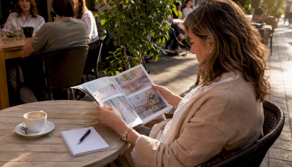 Donna che sfoglia il catalogo alla ricerca degli articoli perfetti per la sua festa