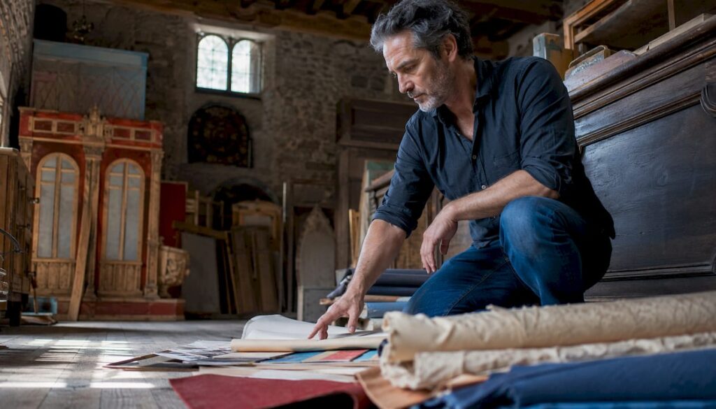 Un designer esamina i materiali scenografici disponibili nel magazzino per il noleggio.