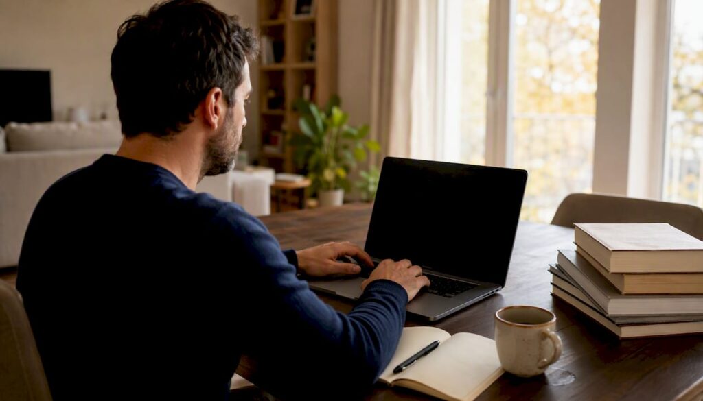 Un professionista che, comodamente dal proprio divano, esplora online le offerte dei siti di noleggio.