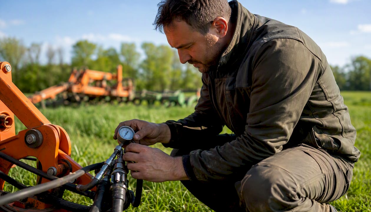 Mani che regolano la manopola dei comandi su un macchinario agricolo