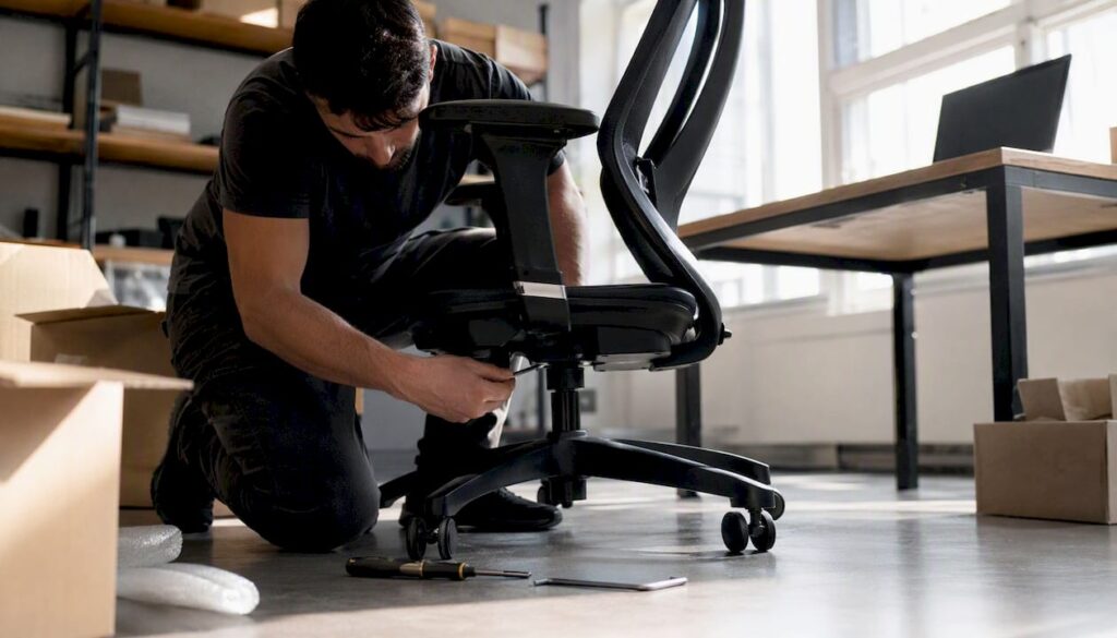 Montaggio di una sedia ergonomica da ufficio: mani all'opera tra scrivanie e computer.