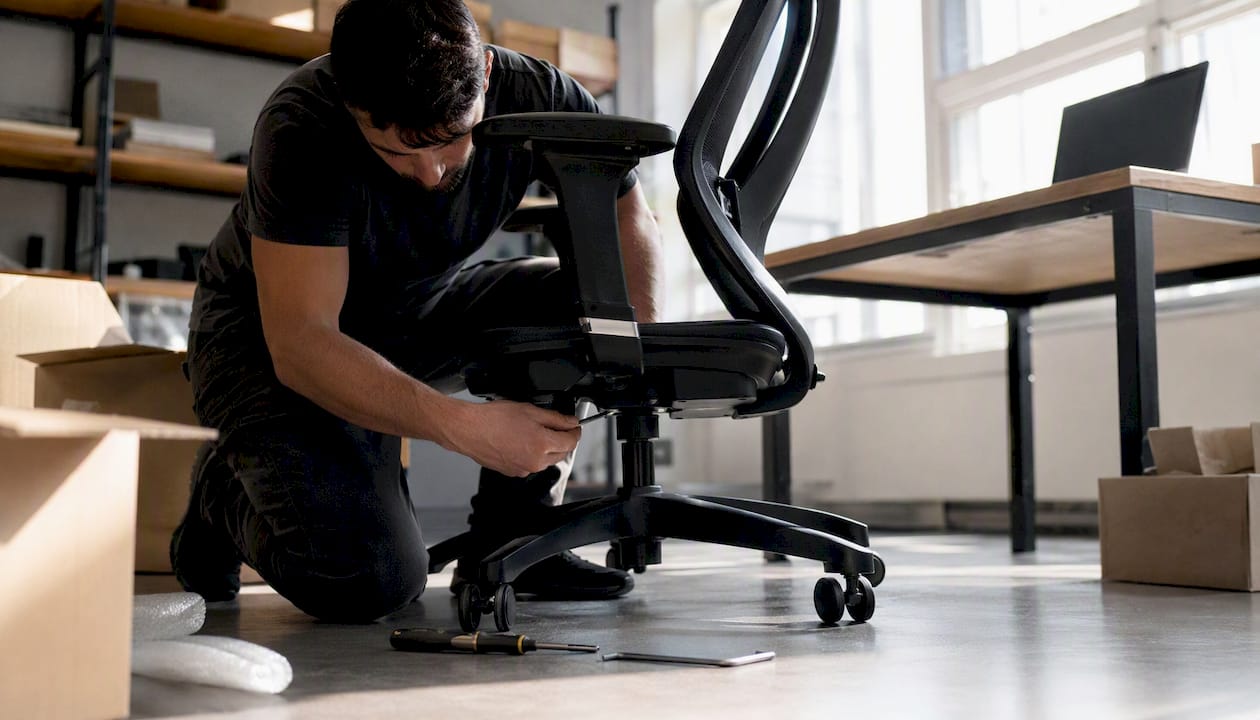 Montaggio di una sedia ergonomica da ufficio: mani all'opera tra scrivanie e computer.