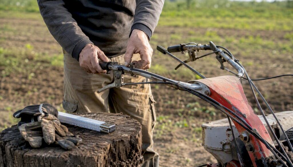 Mani che regolano i comandi del motocoltivatore all’aperto