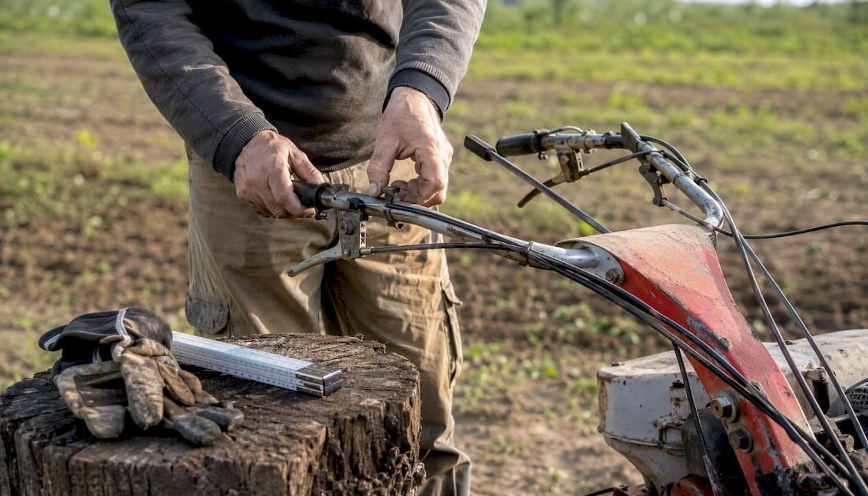 Mani che regolano i comandi del motocoltivatore all’aperto