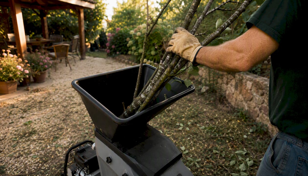 Mani che inseriscono rami nel trituratore da giardino