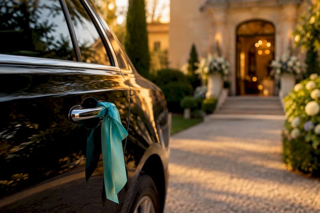 Particolare dell'auto degli sposi davanti alla villa