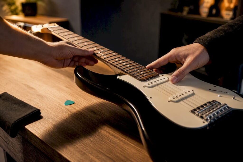 Particolare di una chitarra elettrica in affitto
