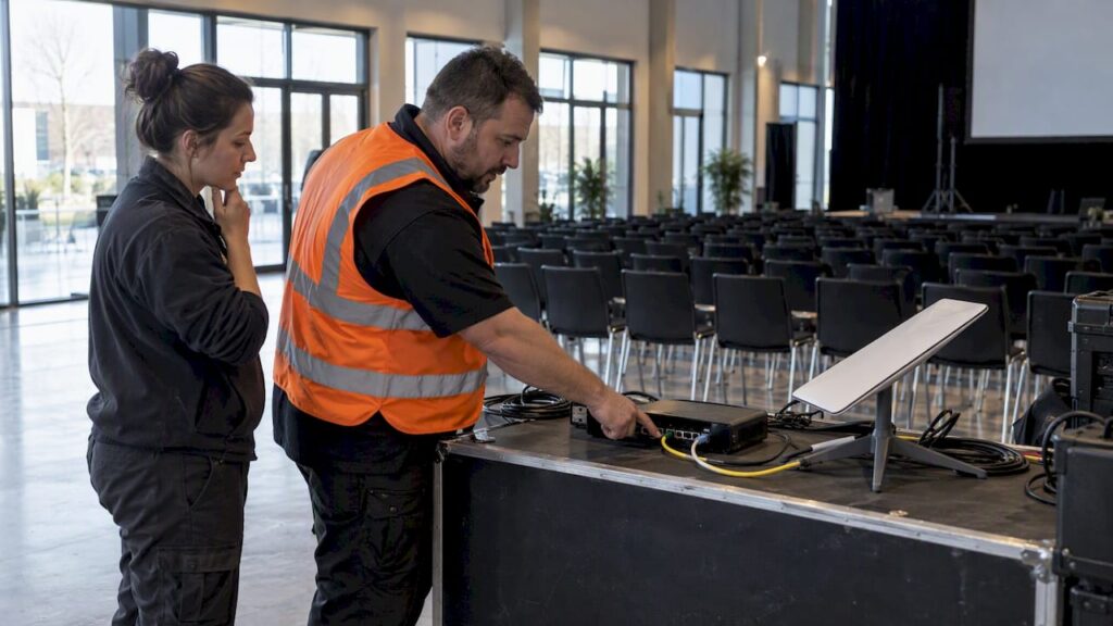 Tecnici al lavoro per valutare reti temporanee in una location per eventi