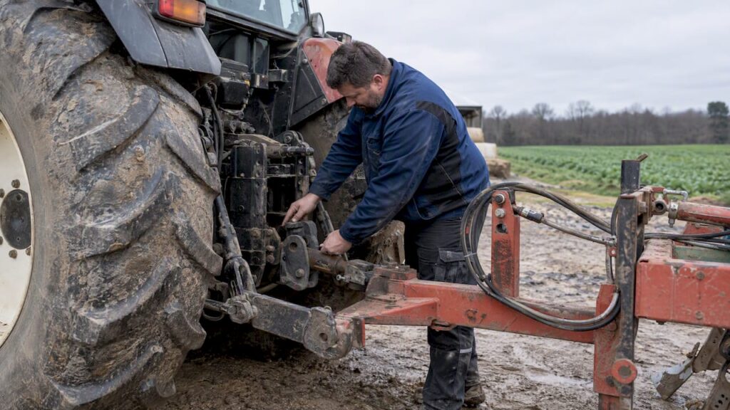 Agricoltore verifica il collegamento del trattore agricolo