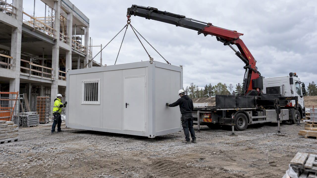 Camion con gru installa un container da cantiere