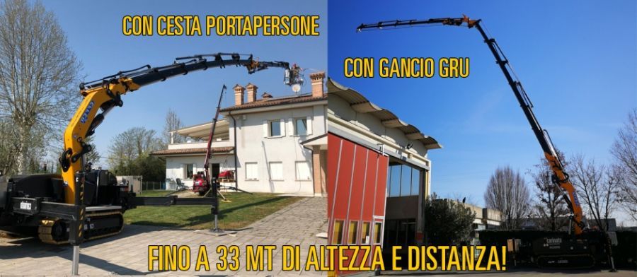 Special crane cingolata con braccio articolato, jib idraulico accessoriabile con ventosa o cesta